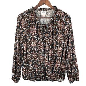 Knox Rose Rayon Blouse Women Size M Black Boho Print Elastic Hem Ruffled‎ Neck